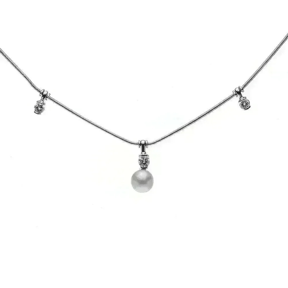 Jose Hess 18kt White Gold Diamond and Pearl Necklace 15.5" .30CTW
